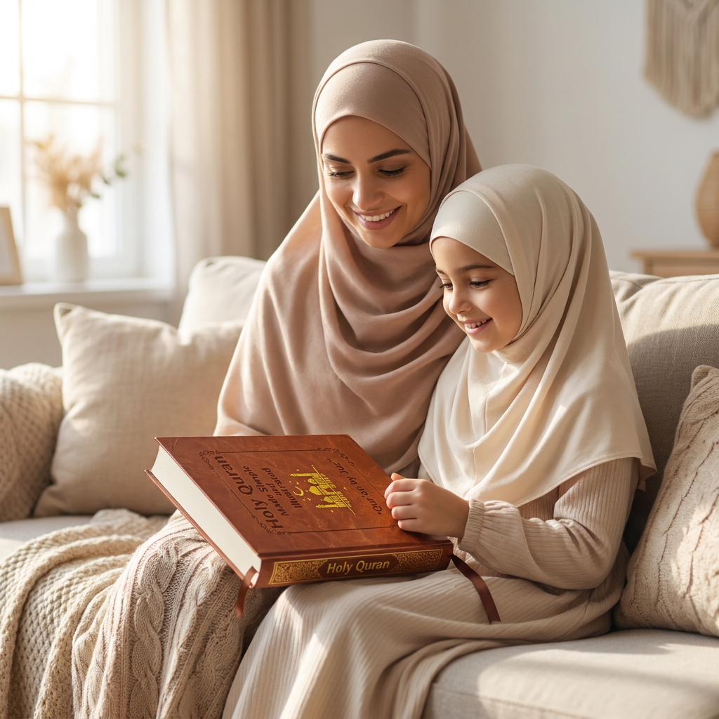 Mother and daughter reading the illustrated Quran together